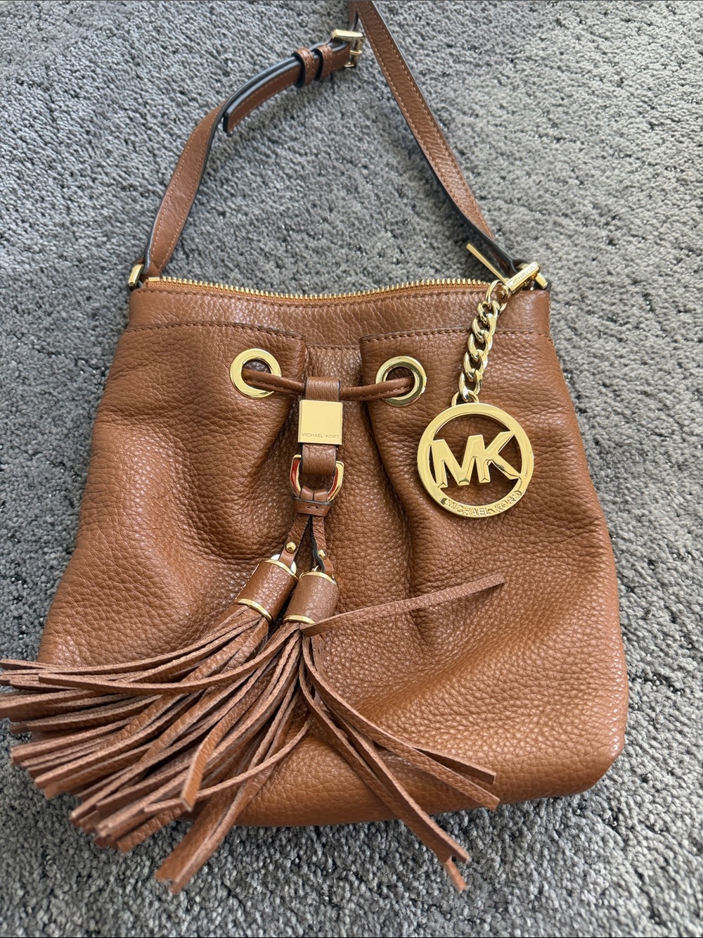 Michael Kors Tan Pebbled Leather Tassel Drawstring Shoulder Bag with Gold Charm